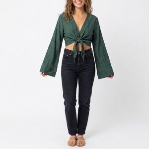 BERLOOK Womens Green Tie Front Crop Top Long Sleeve Blouse Recycled Nylon L NWT